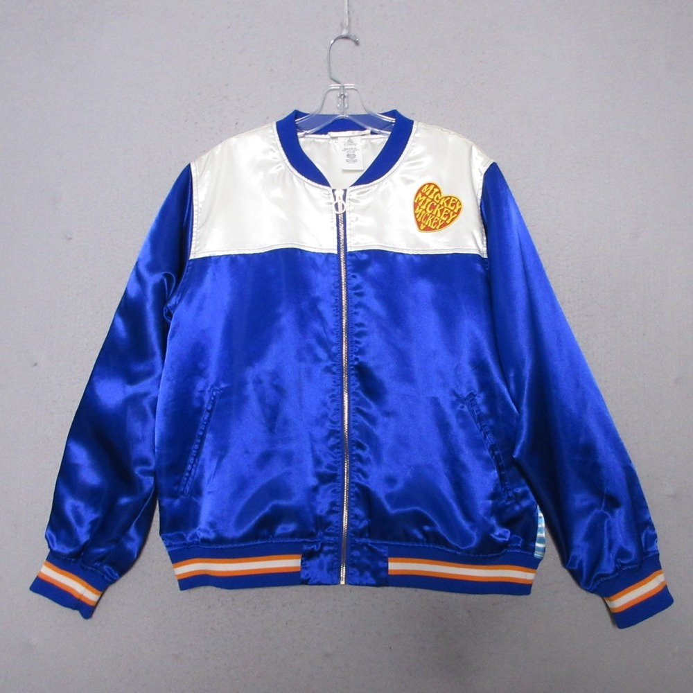Disney Jacket Varsity Large Mickey Mouse Sunburst Cheer Zip Satin Blue Full Zip - Picture 2 of 9